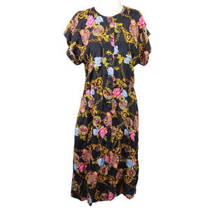 Vintage 80s Laine black and pink rose floral chain print midi shirt dress 8